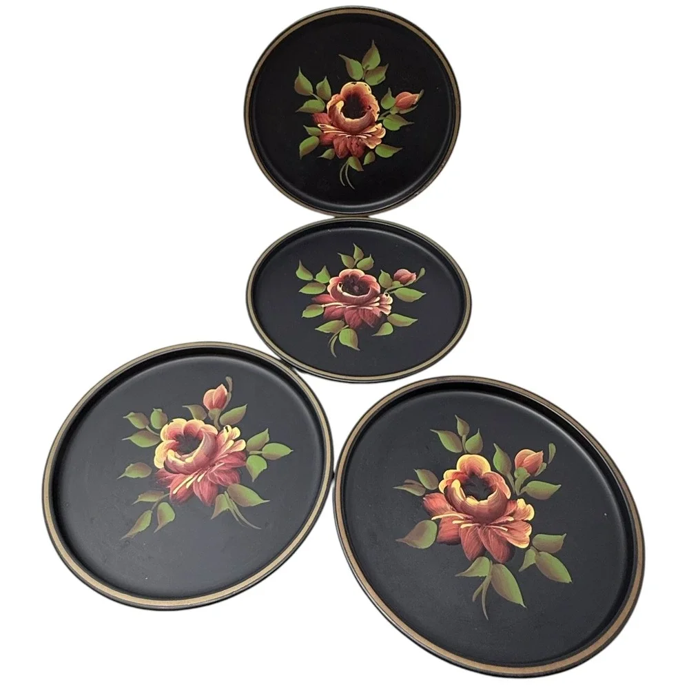 Vintage Hand Painted Tole Tin Plates Set of 4 Black Floral Rose Wall Decor 8